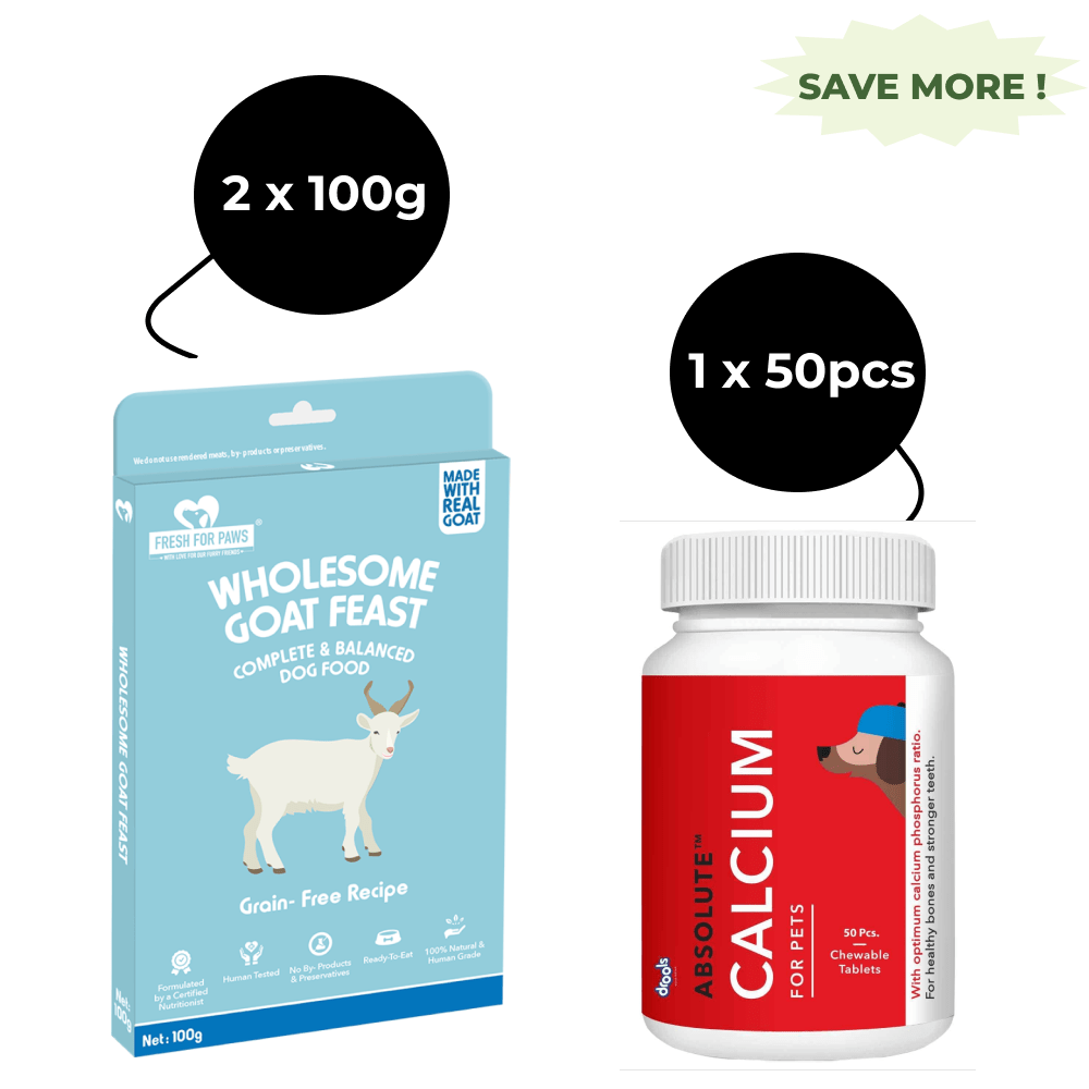 Fresh For Paws Wholesome Goat Feast Wet Food for Cats and Dogs and Drools Absolute Calcium Dog Supplement Tablets Combo
