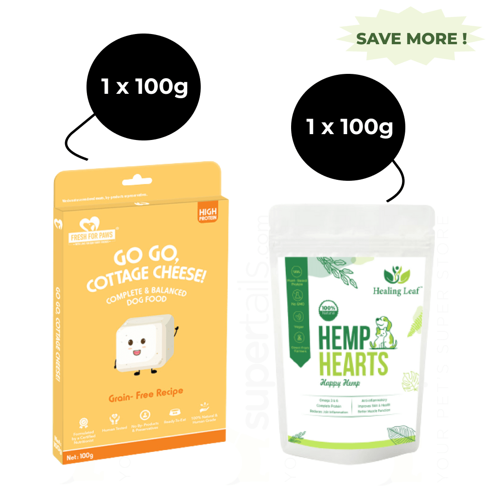 Healing Leaf Hemp Hearts for Pets and Fresh For Paws Go Go Cottage Cheese Dog Wet Food Combo