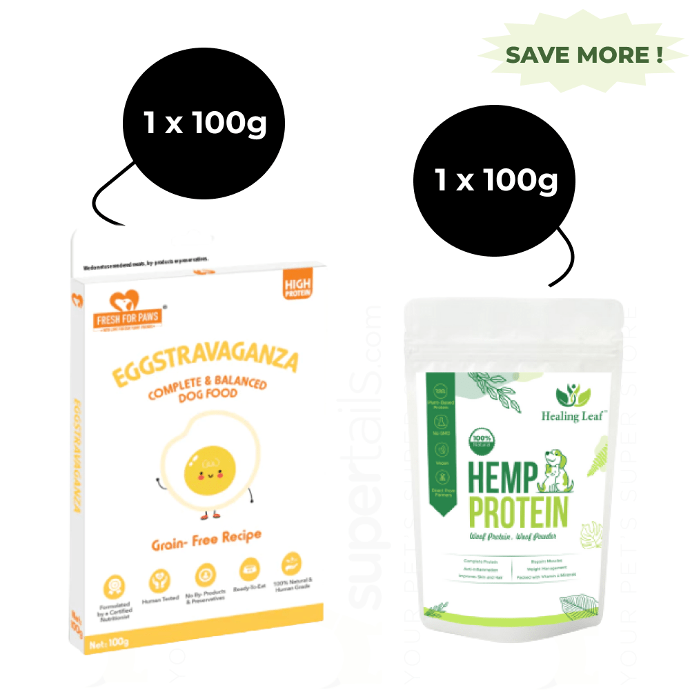 Healing Leaf Hemp Protien Powder for Pets and Fresh For Paws Eggstravaganza Dog Wet Food Combo