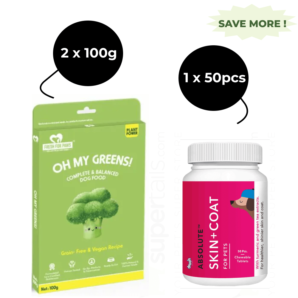 Fresh For Paws Oh My Greens Dog Wet Food and Drools Absolute Skin & Coat Supplement Tablets for Dogs Combo