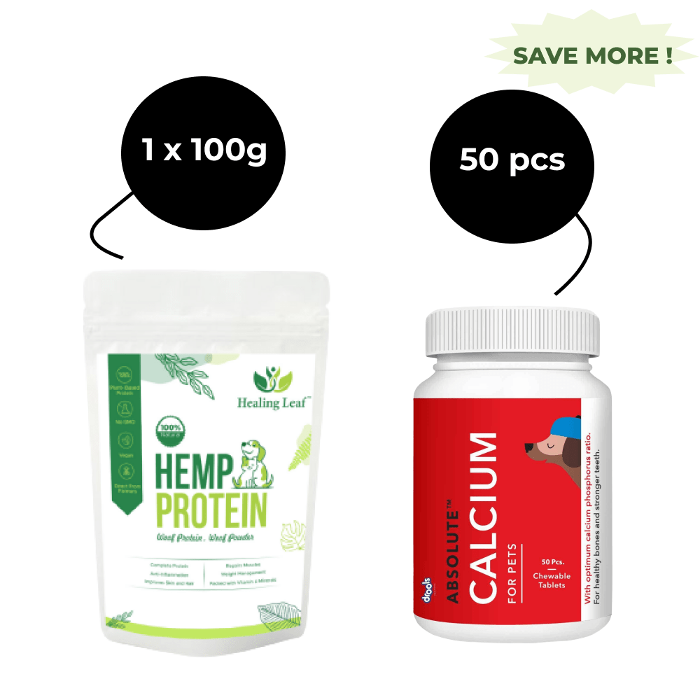 Healing Leaf Hemp Protein Powder for Pets and Drools Absolute Calcium Dog Supplement Tablets for Combo