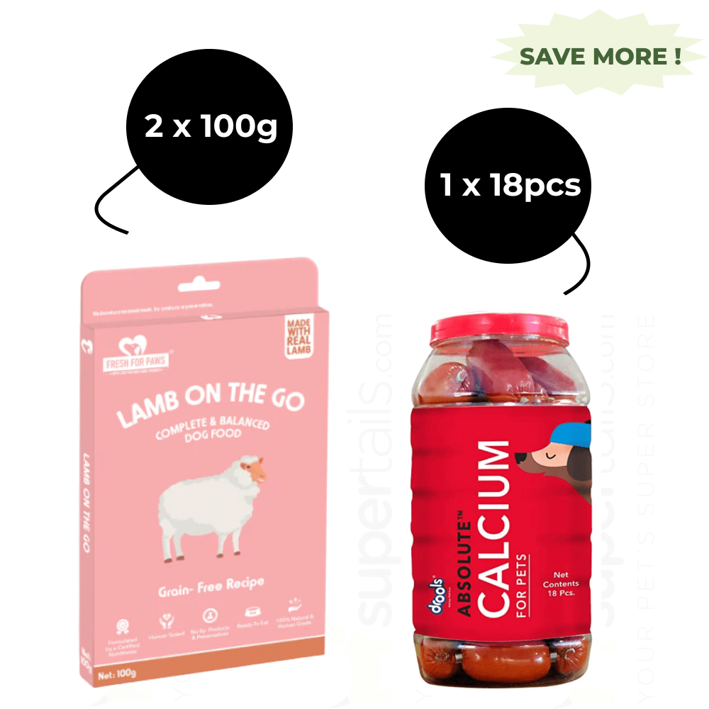 Fresh For Paws Lamb On The Go Dog Wet Food and Drools Absolute Calcium Sausage Supplement for Dogs