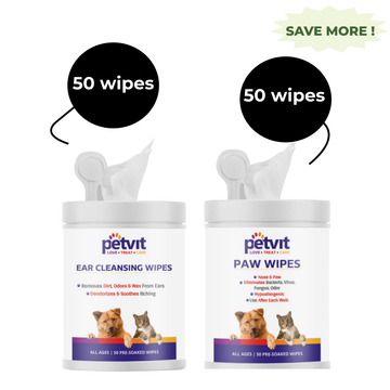 Petvit Ear Cleansing Wipes and Paw & Nose Wipes for Dogs and Cats Combo