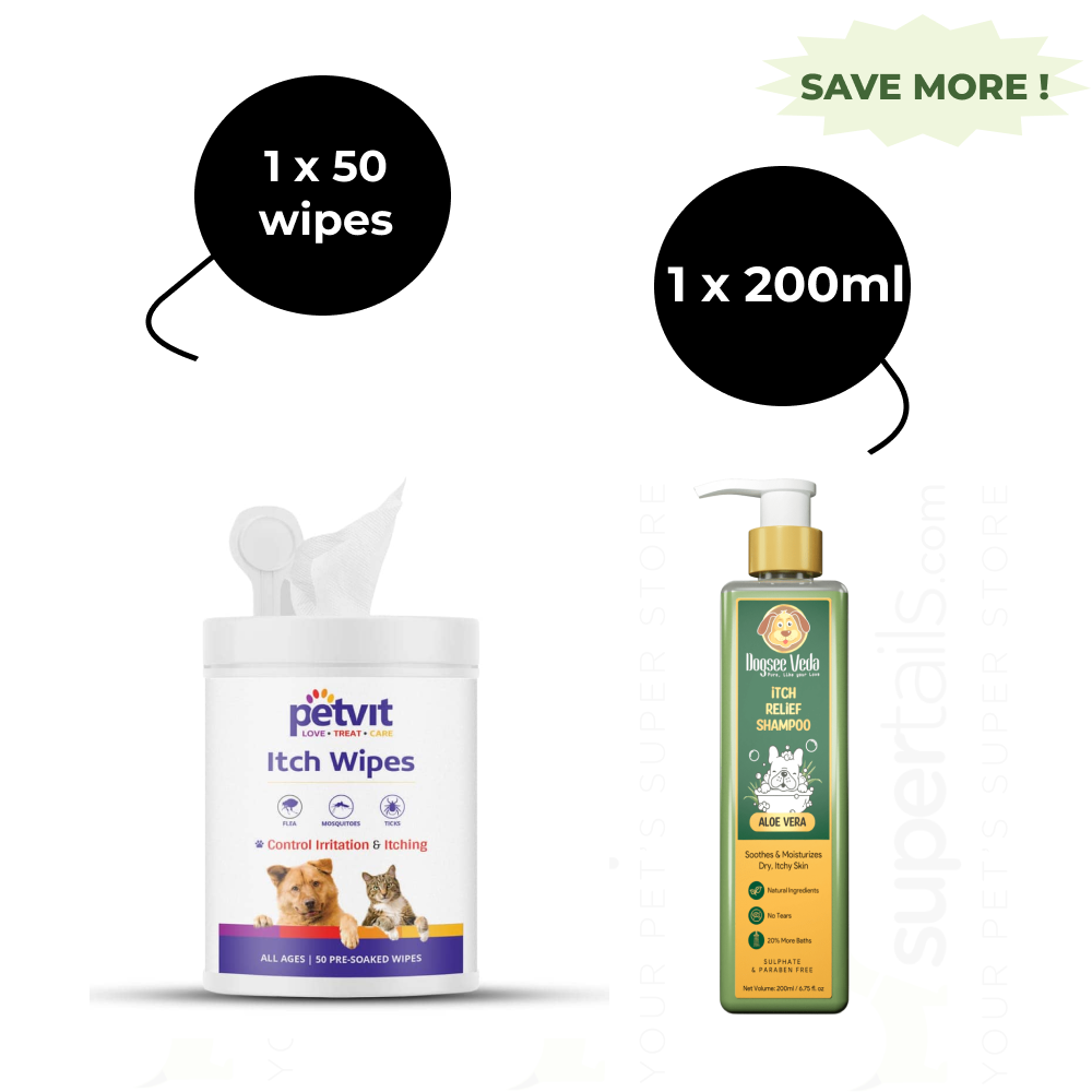 Petvit Itch Wipes and Dogsee Veda ITCH RELIEF Aloe Vera Shampoo for Dogs Combo