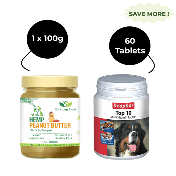 Healing Leaf Hemp Peanut Butter and Beaphar Top 10 Multi Vitamin Supplement for Dogs and Cats Combo
