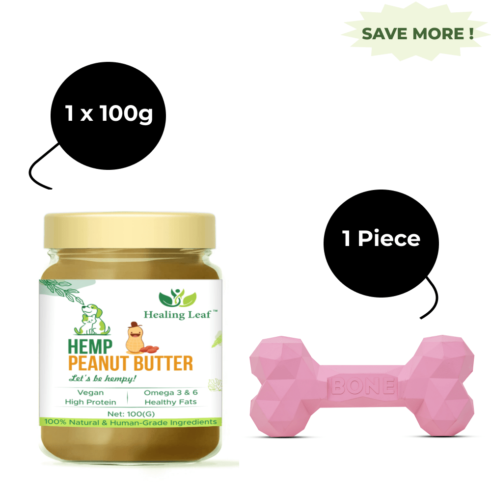 Barkbutler Chu the bone Treat Dispensing Toy (Pink) and Healing Leaf Hemp Peanut Butter for Dogs Combo