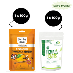 Healing Leaf Hemp Hearts and Bark Out Loud Glow and Shine Turmeric Chew Stix for Dogs and Cats Combo