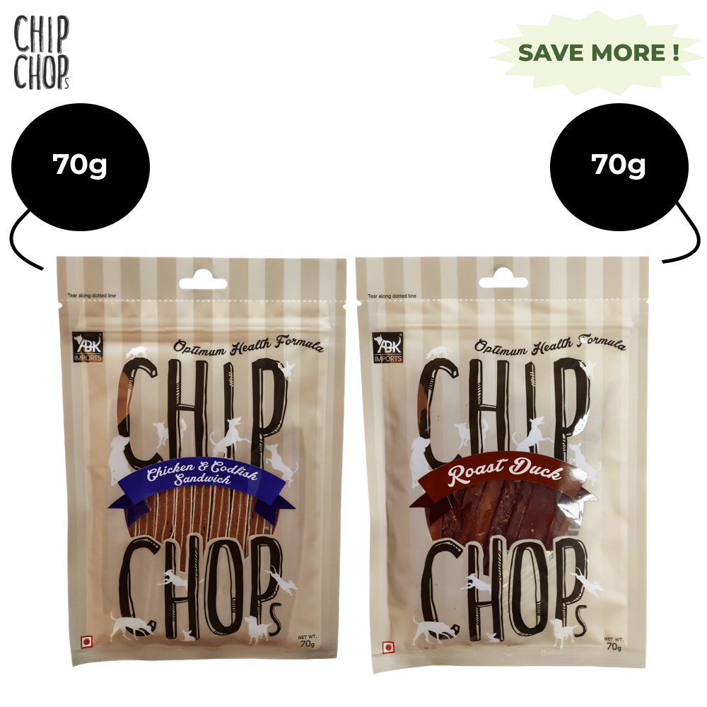 Chip Chops Roast Duck Strips and Chicken and Codfish Sandwich Dog Treats Combo Dog Treats + Others Chip Chops 70g+70g