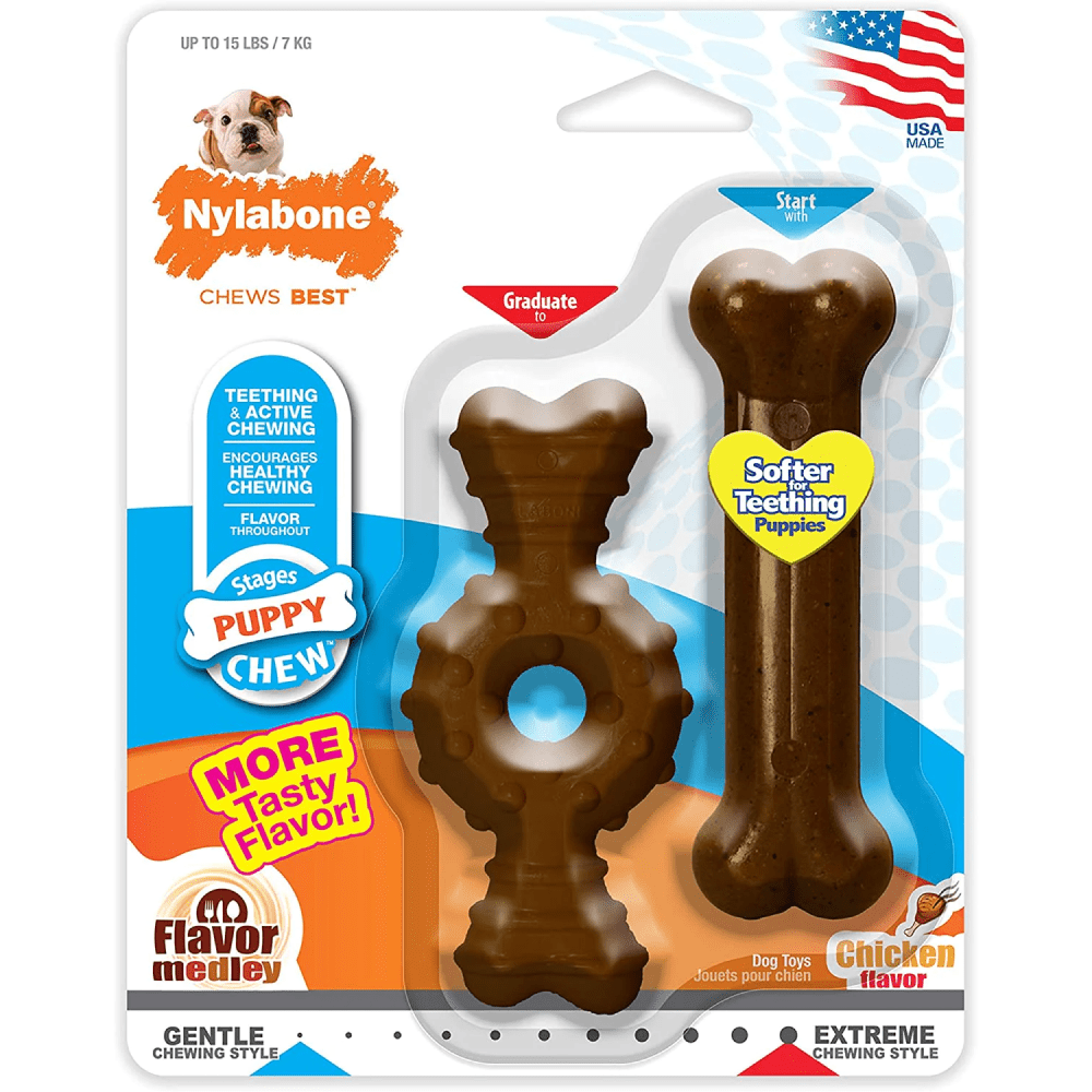 Nylabone Puppy Teething Chicken Medley Flavoured Chew and Ring Bone Toy for Dogs (Brown)