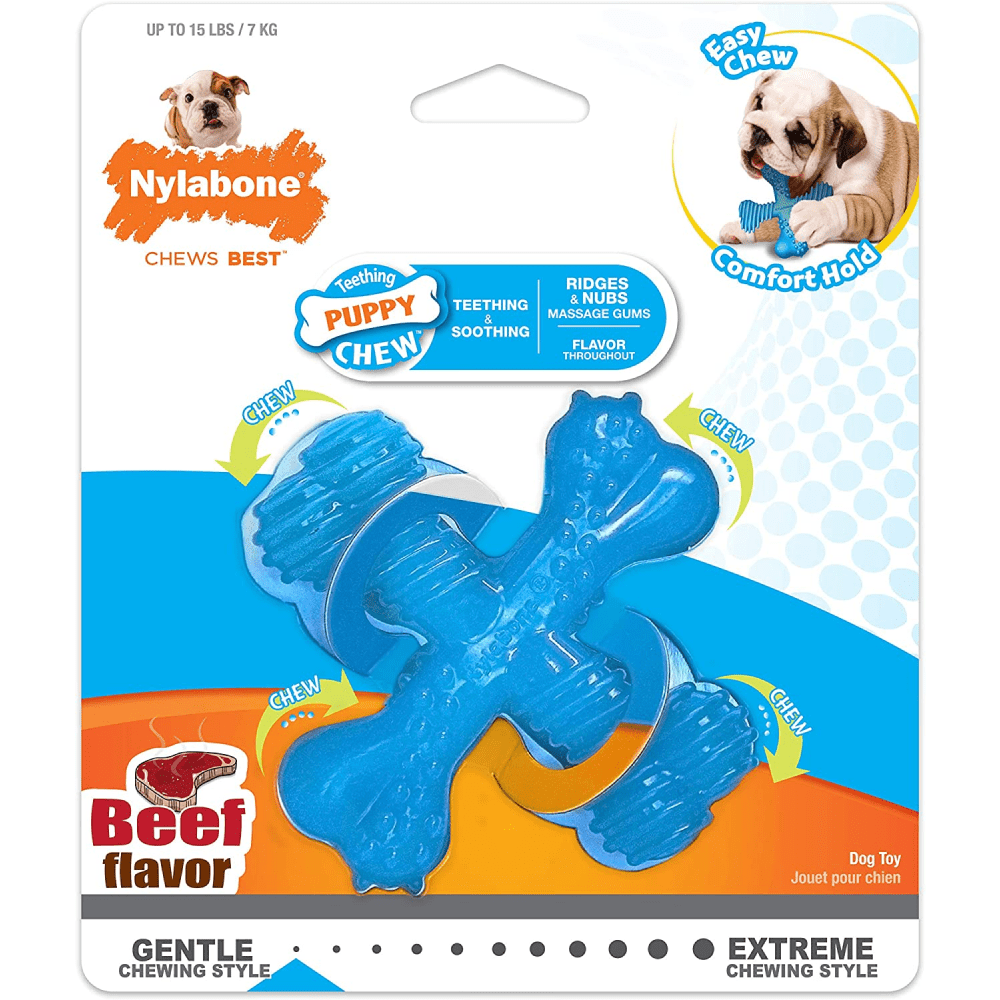 Nylabone Puppy Teething Beef Flavoured Chew "X" Bone Toy for Dogs (Blue)