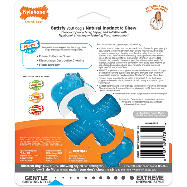 Nylabone Puppy Teething Beef Flavoured Chew "X" Bone Toy for Dogs (Blue)