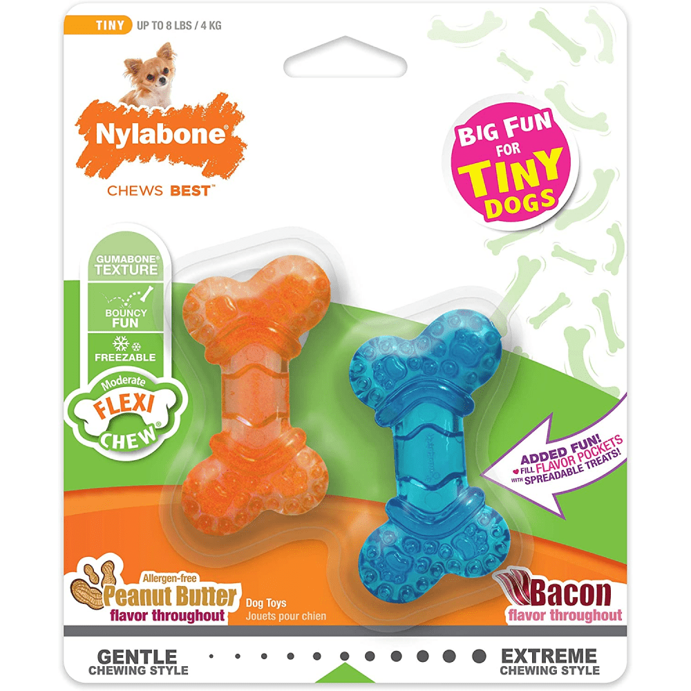 Nylabone Puppy Teething Peanut Butter and Bacon Flavoured Flexi Chew Bone Toy for Dogs (Orange/Blue)