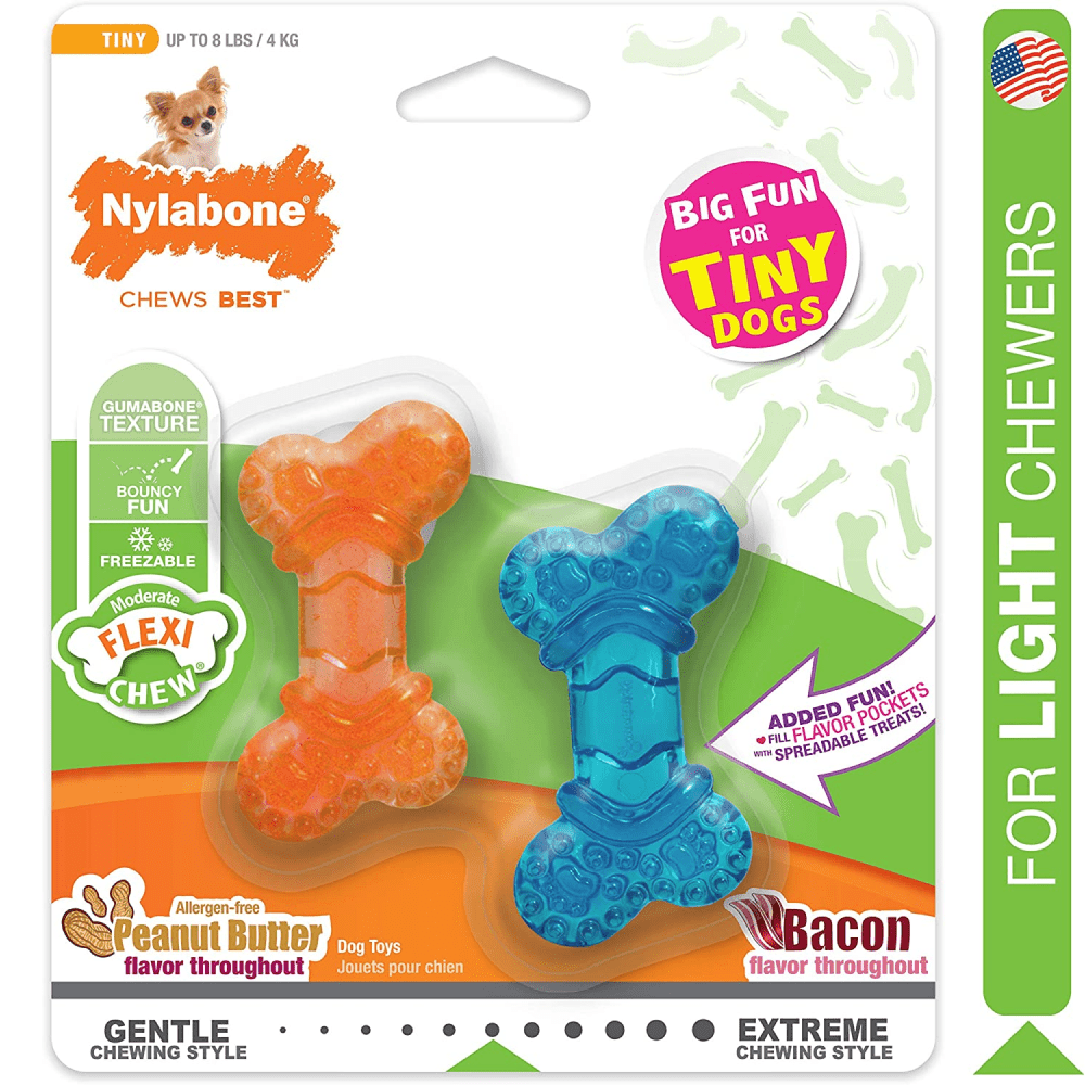 Nylabone Puppy Teething Peanut Butter and Bacon Flavoured Flexi Chew Bone Toy for Dogs (Orange/Blue)