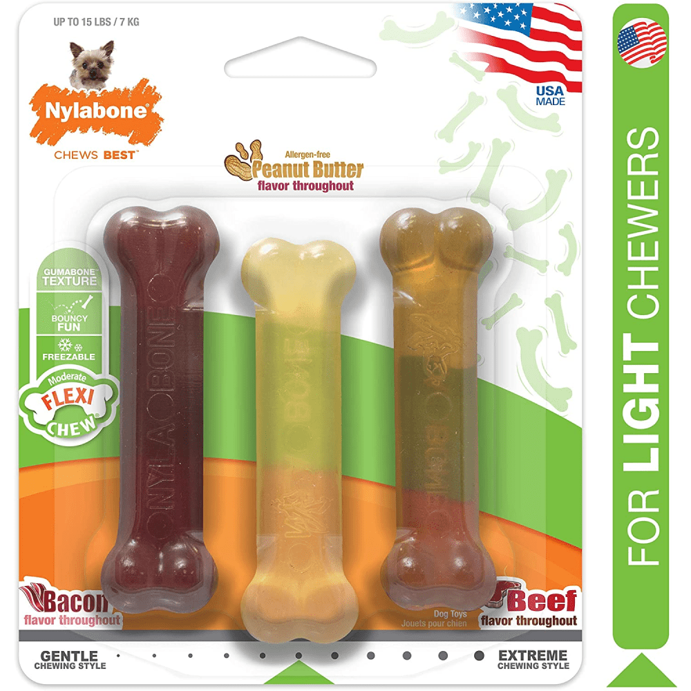 Nylabone Puppy Teething Peanut Butter, Bacon and Beef Flavoured Flexi Triple Chew Bone Toy for Dogs (Brown, Beige)