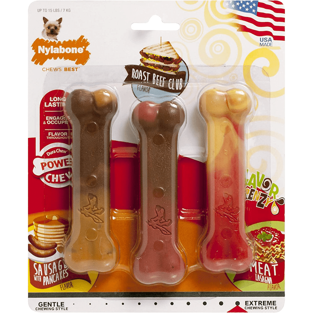 Nylabone Roast Beef Club,Sausage with Pancake and Meat Lasagna Flavoured Frenzy Triple Chew Bone Toy for Dogs (Yellow,Red,Brown)