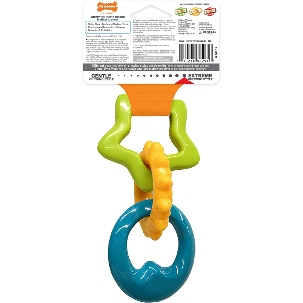 Nylabone Bacon Flavoured Puppy Chew Teething Ring Toy for Dogs (Green, Yellow, Blue)