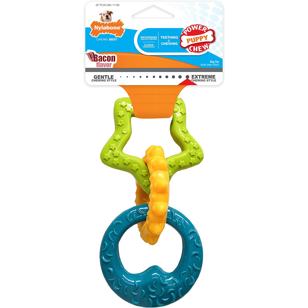 Nylabone Bacon Flavoured Puppy Chew Teething Ring Toy for Dogs (Green, Yellow, Blue)