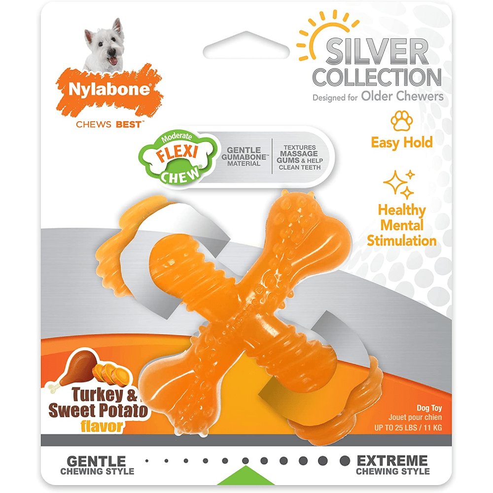 Nylabone Sliver Collection Turkey and Sweet Potato Flavoured Flexi Chew X Bone Toy for Dogs (Orange)