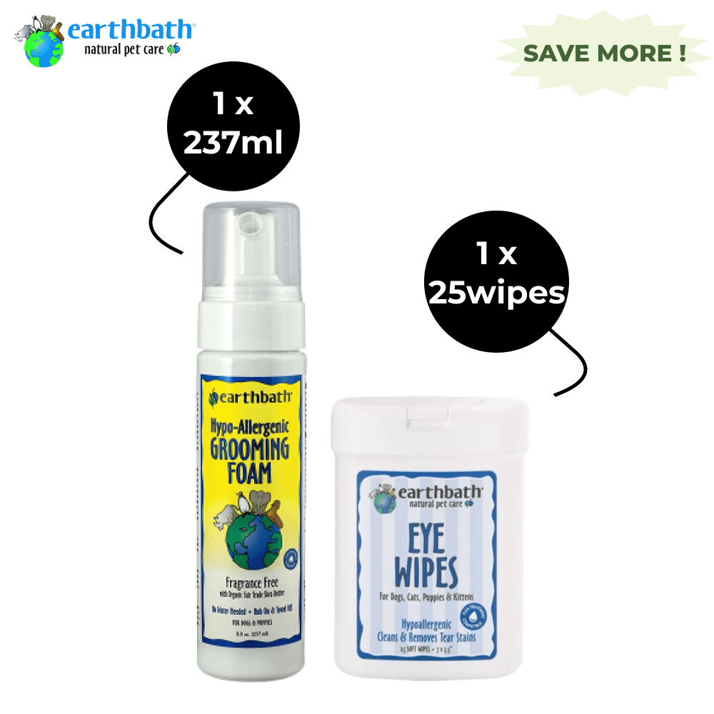 EarthBath Hypo Allergenic Fragrance Free Grooming Foam and Eye Wipes for Dogs Combo