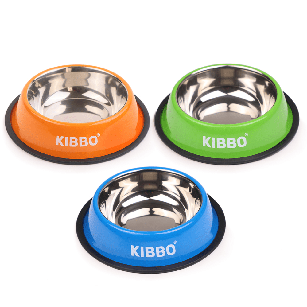 Kibbo Anti Skid Stainless Steel Plain Bowls for Dogs and Cats (Orange, Green, Blue)