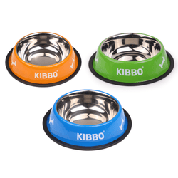 Kibbo Anti Skid Stainless Steel Printed Bowls for Dogs and Cats (Orange, Green, Blue)