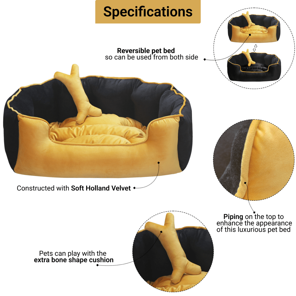 Hiputee Reversible Holland Velvet Bed for Dogs and Cats (Yellow, Black)