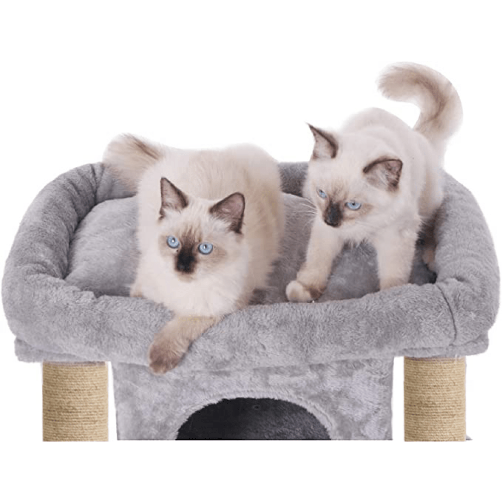Hiputee Activity Tree, Plush Fur Fabric, Hanging Ball, Condo & Detachable Bed, Natural Sisal/Jute Covered Rope Tree for Kittens & Cats (Grey)