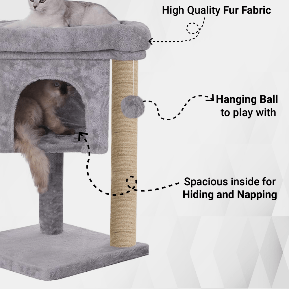 Hiputee Activity Tree, Plush Fur Fabric, Hanging Ball, Condo & Detachable Bed, Natural Sisal/Jute Covered Rope Tree for Kittens & Cats (Grey)