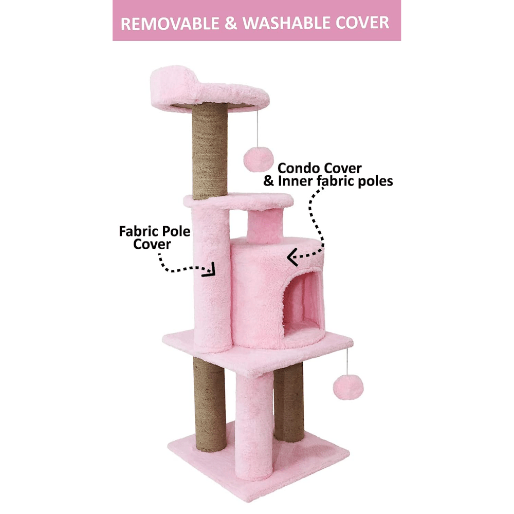 Hiputee Soft Fur Activity Scratching Post, Natural Sisal Rope Triple Platform Tower Tree for Cats (Pink)