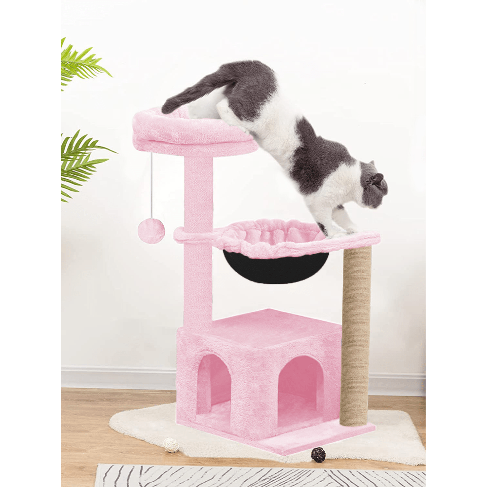 Hiputee Soft Fur Condo, Natural Sisal Rope, Scratching Post, Dangling Toys, Hanging Hammock Tree for Cats (Pink)