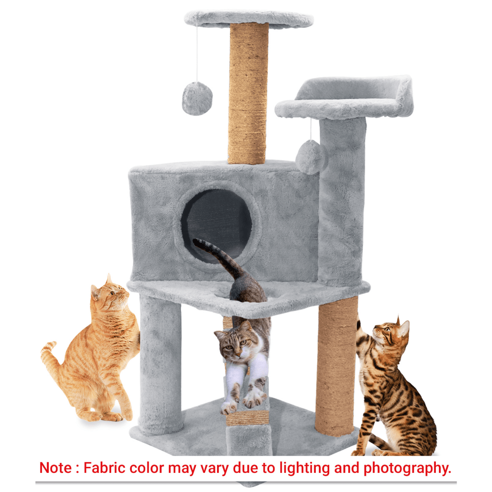 Hiputee Soft Fur Condo, Natural Sisal Rope, Scratching Post, Hanging Balls Tree for Cats (Grey)