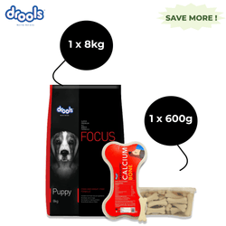 Drools Focus Super Puppy and Absolute Calcium Bone Jar Dog Dry Food Combo (8kg + 600g)