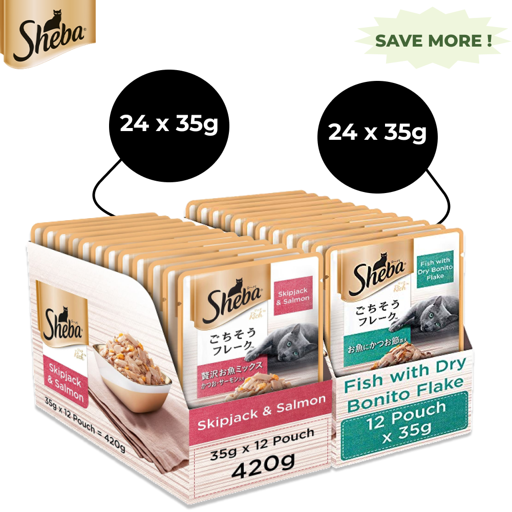Sheba Skipjack Salmon Fish Mix and Fish with Dry Bonito Flake Cat Wet Food Combo (24+24)