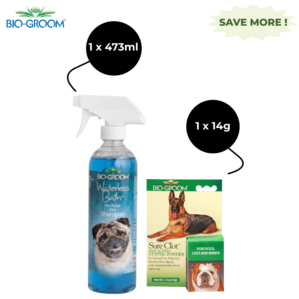 Bio Groom Waterless Bath Shampoo Spray and Sure Clot Fast Acting Styptic Powder for Dogs Combo