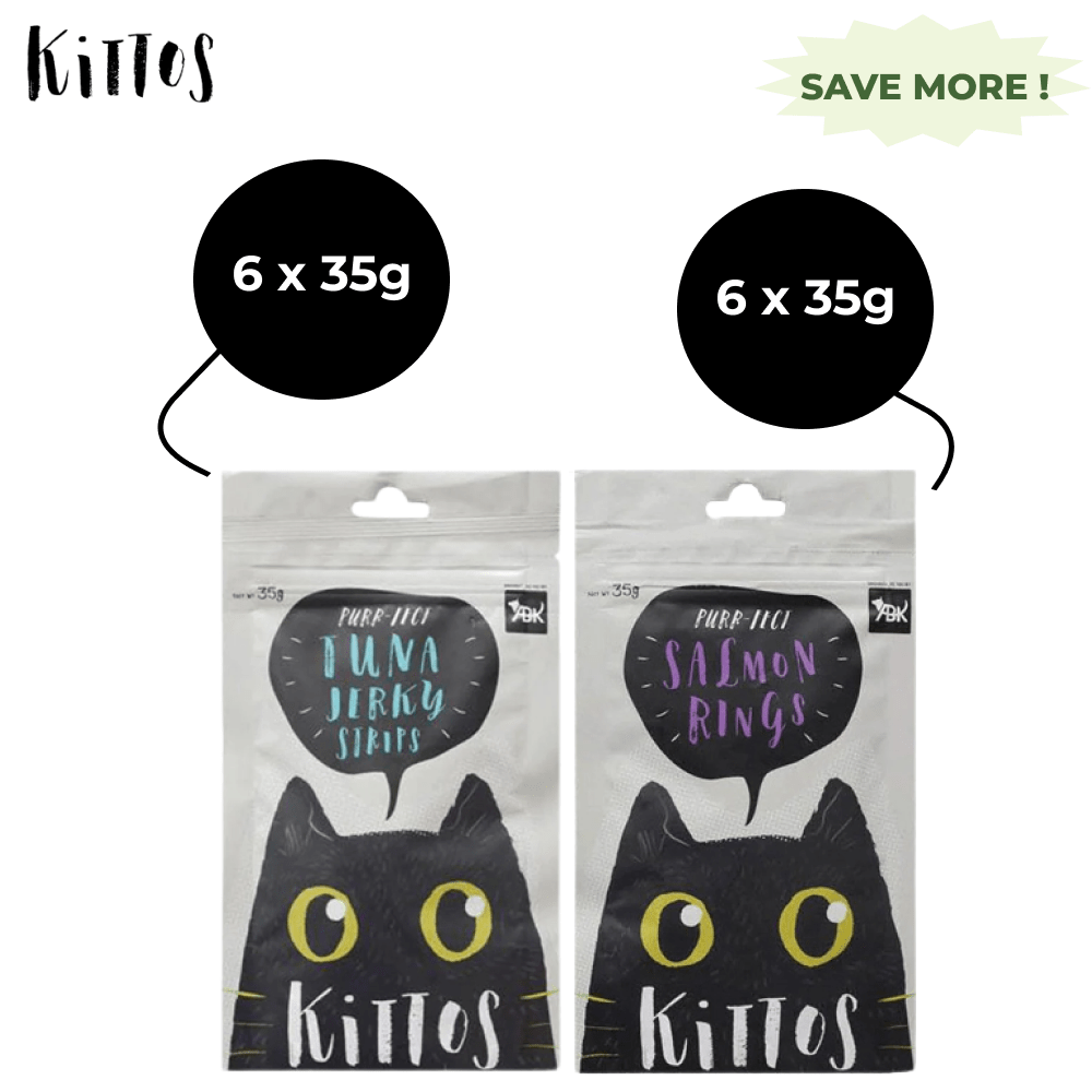 Kittos Purr Fect Tuna Jerky Strips and Salmon Rings Cat Treats Combo Cats-Treats & Others Kittos 12x35g