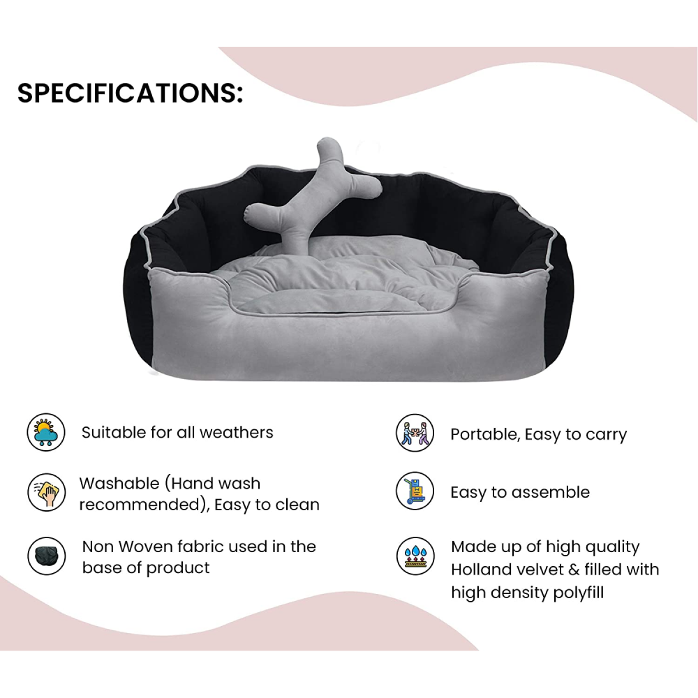 Hiputee Reversible Holland Velvet Bed for Dogs and Cats (Grey, Black)