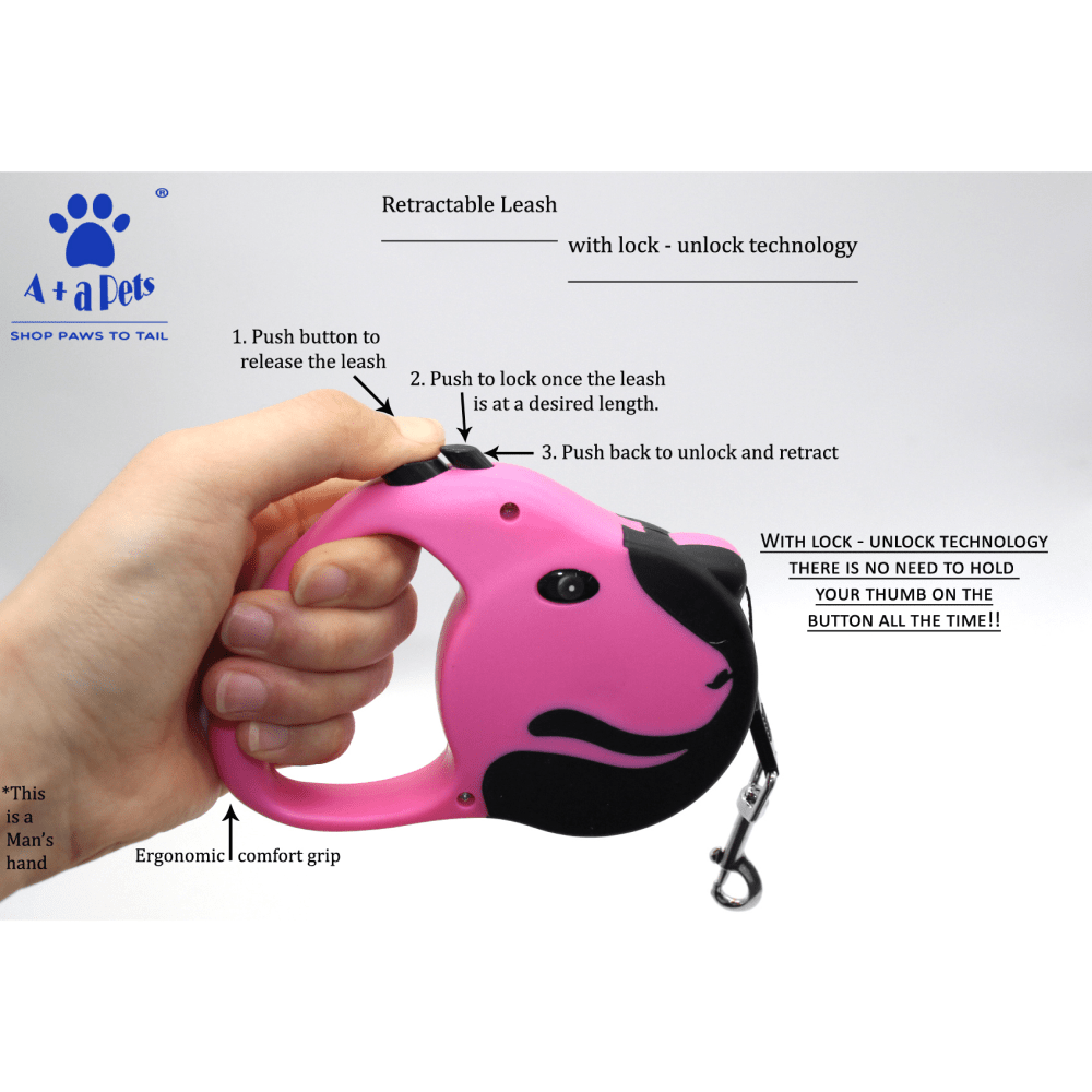 A Plus A Pets Tangle Free, Anti Slip Dog Face Retractable Leash for Dogs and Cats (Pink)