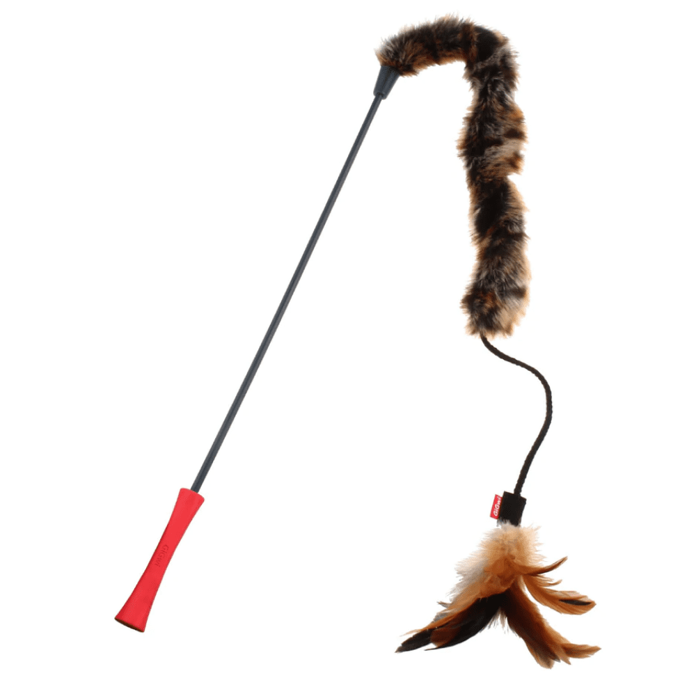 GiGwi Feather Teaser Catwand with Natural Feather Plush Tail Toy for Cats (Red/Natural)
