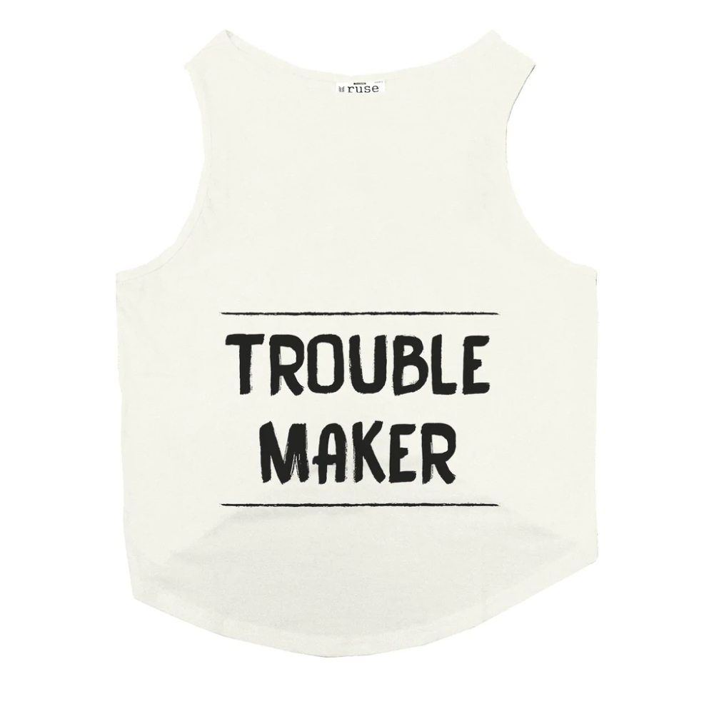 Ruse "Troublemaker" Printed Sleeveless T-Shirt for Dogs (White)