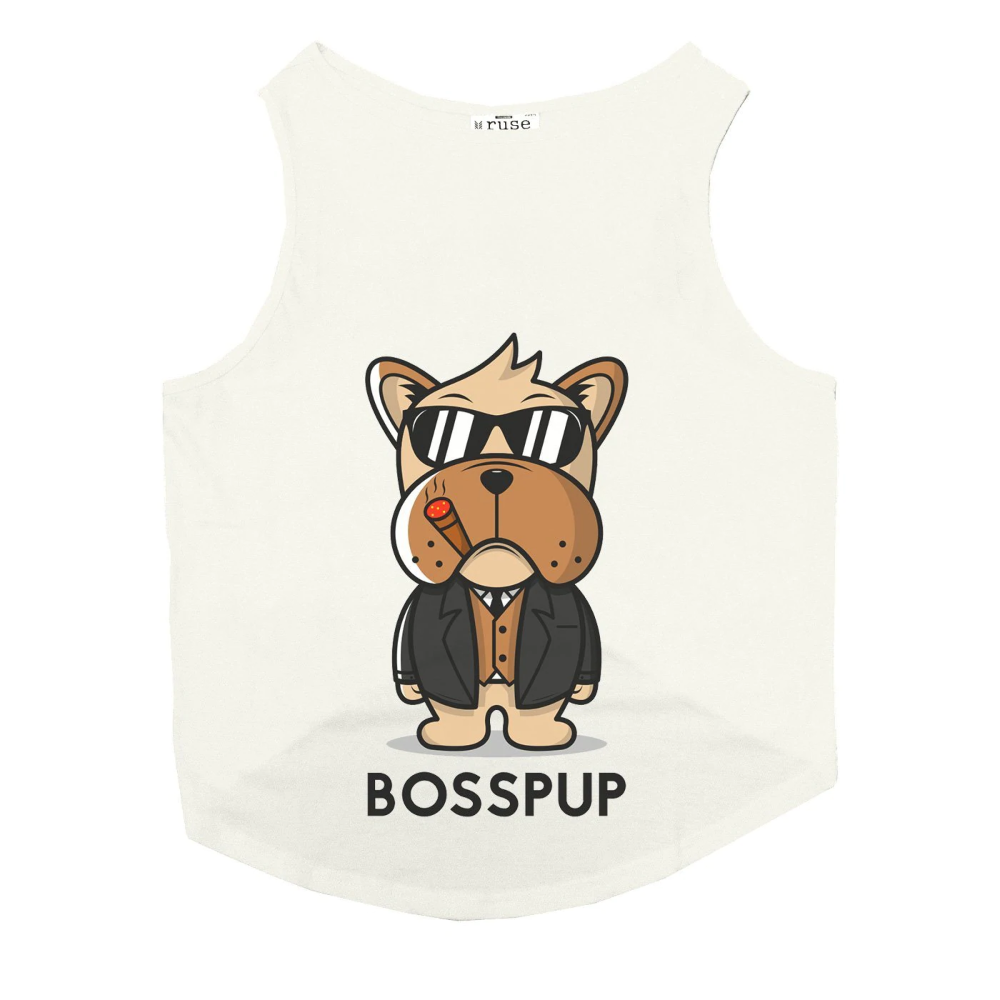 Ruse "BossPup" Printed Sleeveless T-Shirt for Dogs (White)
