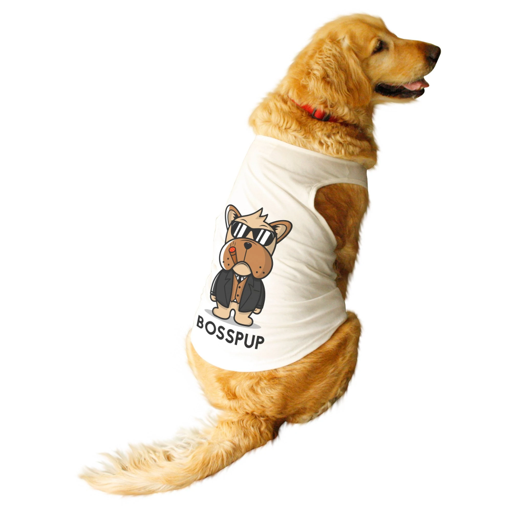 Ruse "BossPup" Printed Sleeveless T-Shirt for Dogs (White)