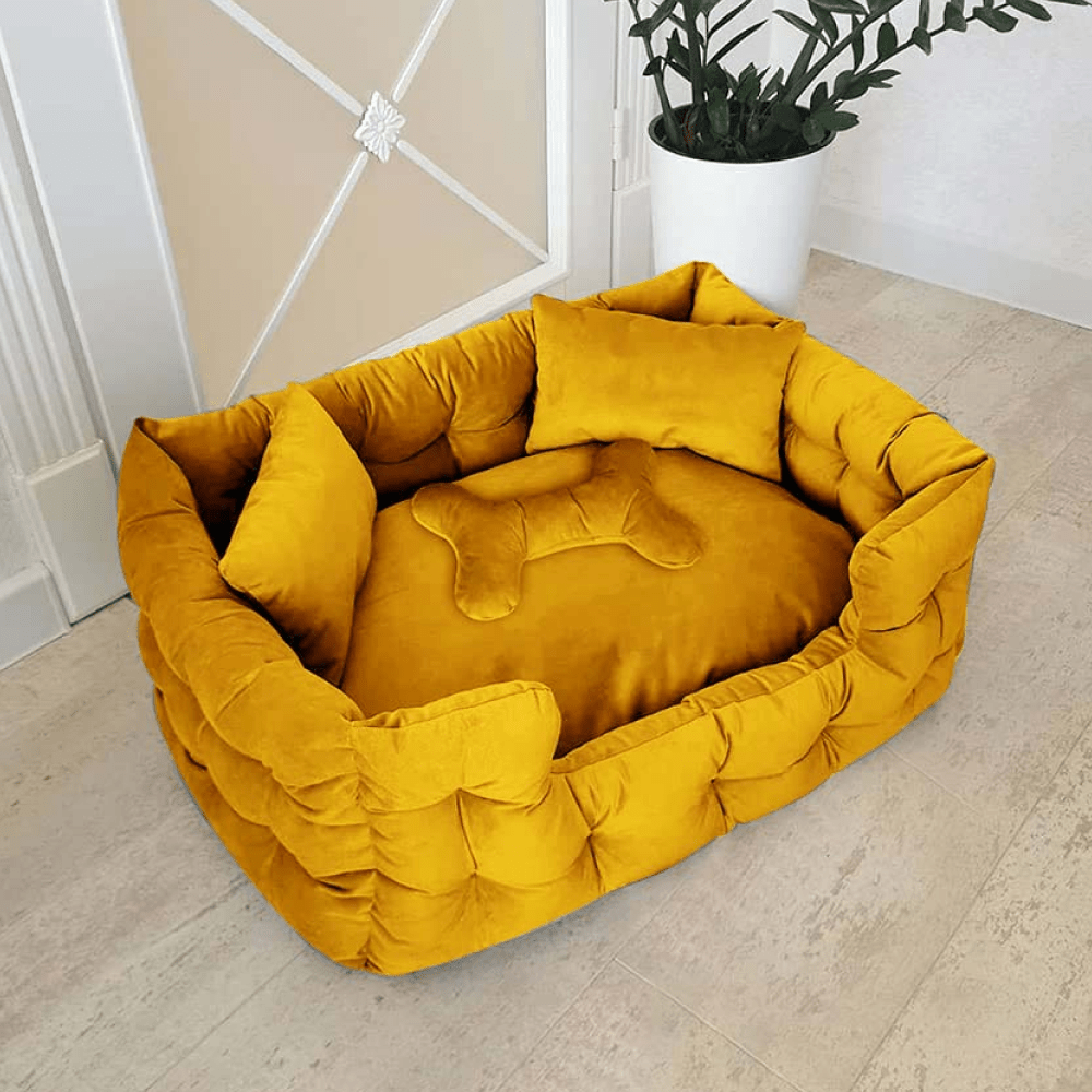 Hiputee Luxurious High Wall Soft Velvet Fabric Washable Bed for Dogs and Cats (Yellow)