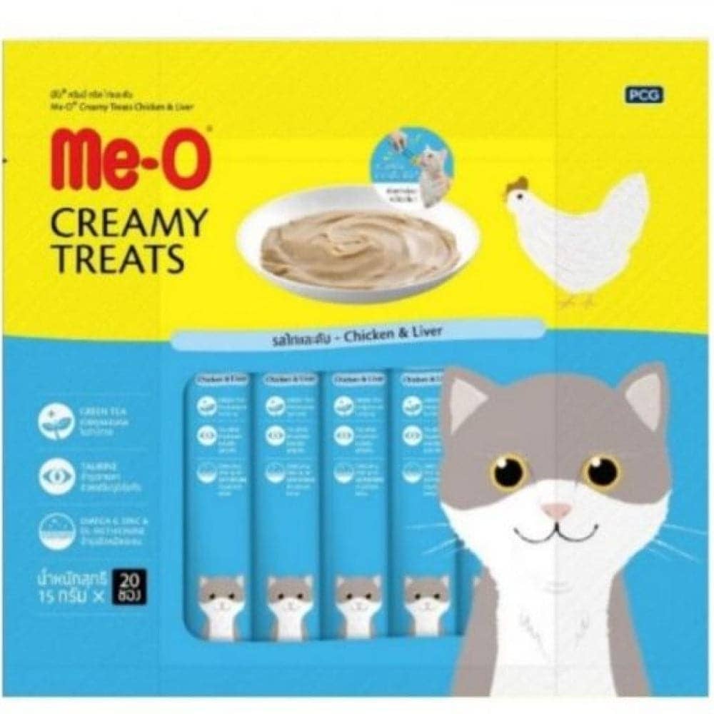 Me O Creamy Chicken & Liver and INABA Churu Chicken with Shrimp Creamy Cat Treats Combo (2+2)
