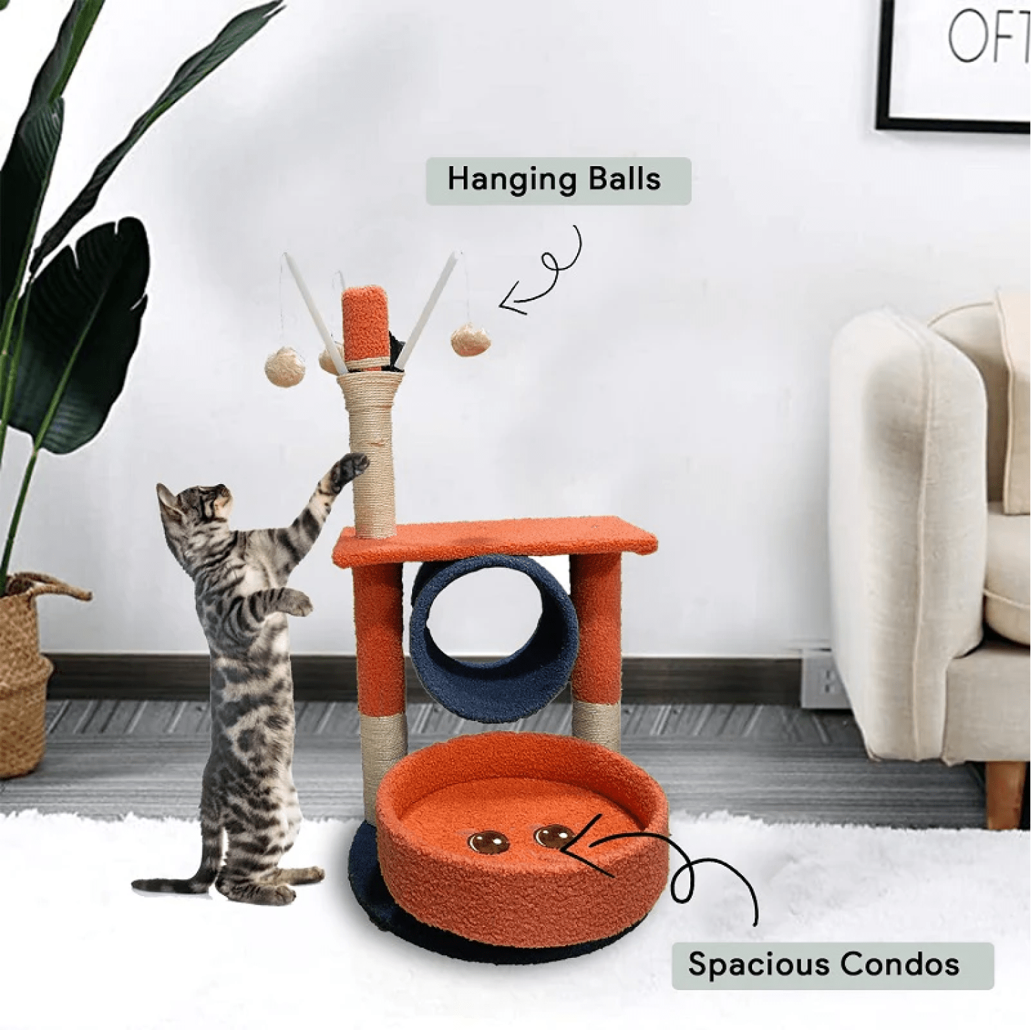 Goofy Tails Tree Post with Toy for Kittens & Cats (Peach/Blue)