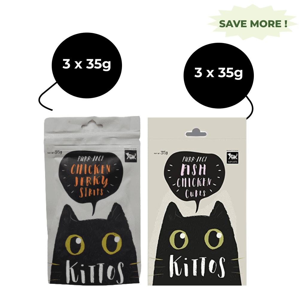 Kittos Purr Fect Chicken Jerky Strips and Fish Chicken Cubes Cat Treats Combo (3+3) Cats-Treats & Others Kittos 6x35g