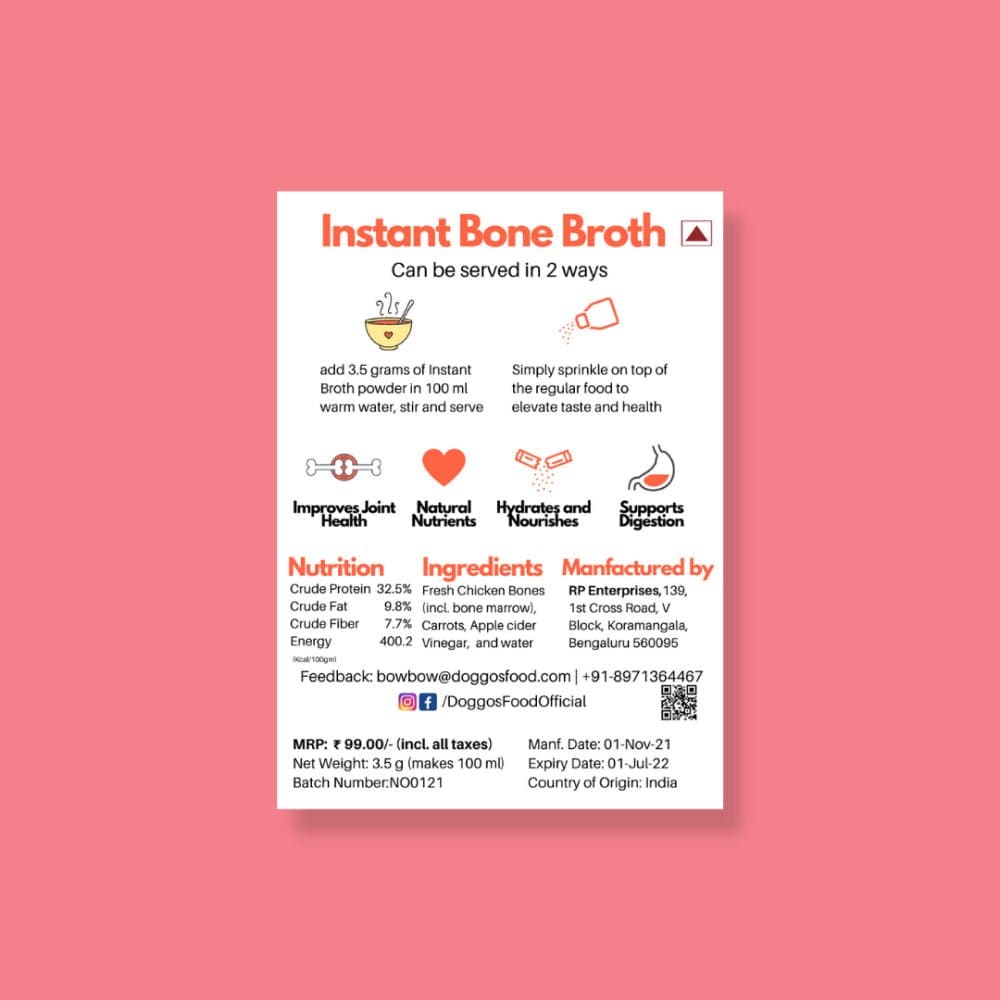 Doggos Instant Chicken and Carrots Bone Broth Gut and Vision Formula (Makes 100ml) for Cats and Dogs Dog Treats + Others Doggos