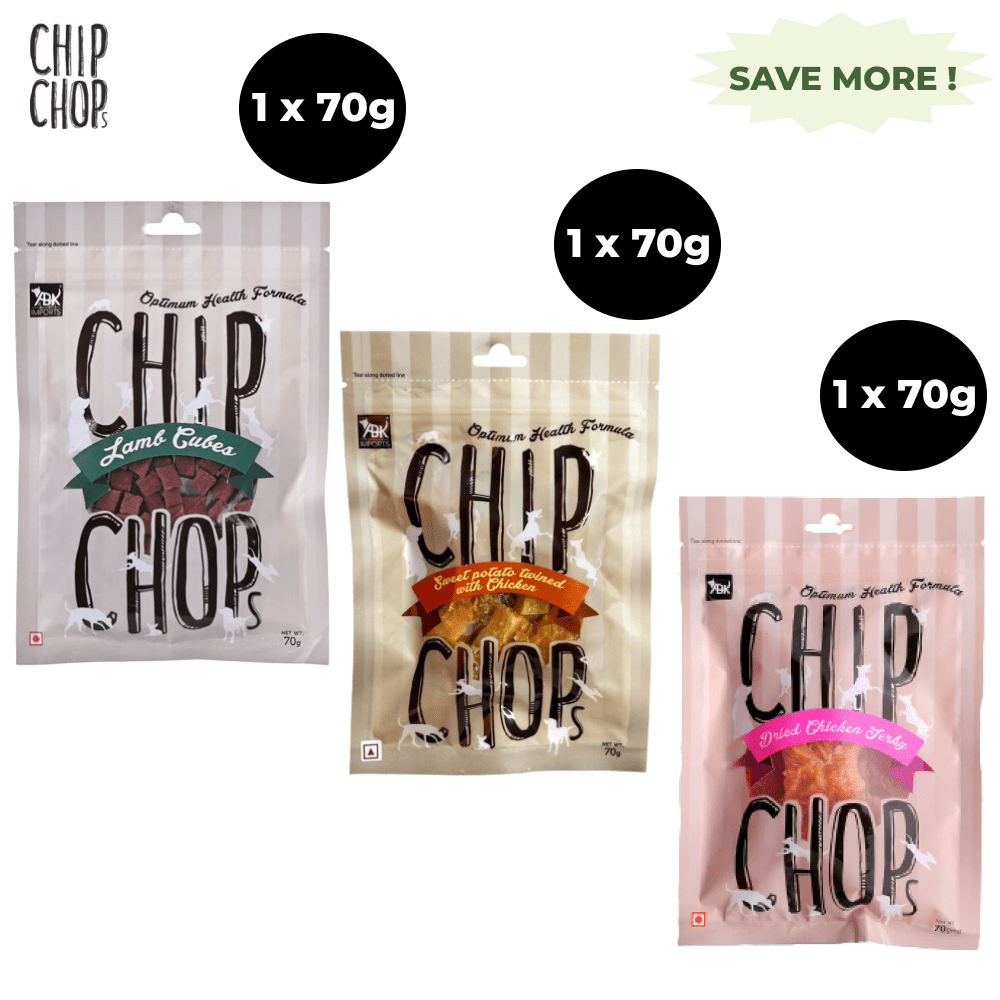 Chip Chops Sweet Potato Chicken, Lamb Cubes and Sundried Chicken Jerky Dog Treats Combo (3 x 70g)