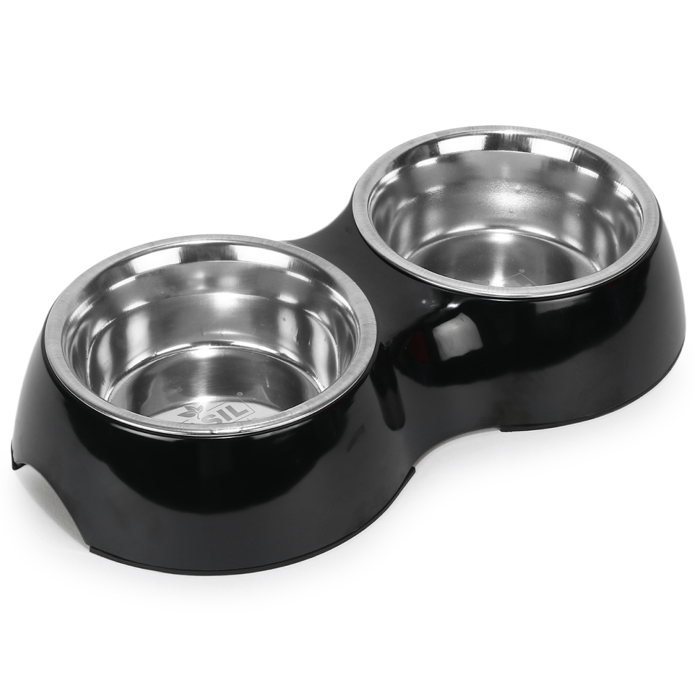 Basil Double Melamine Bowl Dinner Set for Dogs and Cats (Black)
