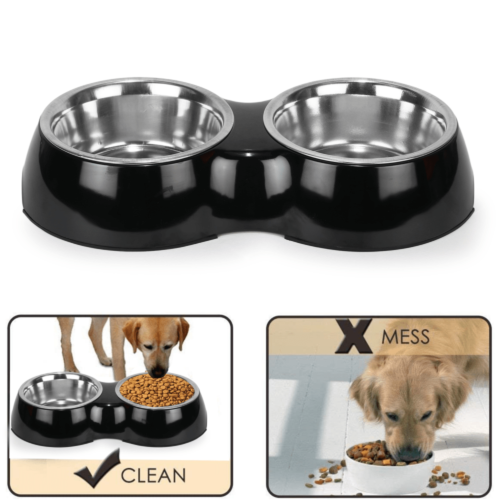 Basil Double Melamine Bowl Dinner Set for Dogs and Cats (Black)