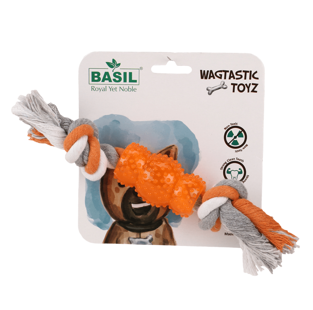 Basil Cotton Rope Rubber Chew Toy with Hard TPR Centre for Dogs